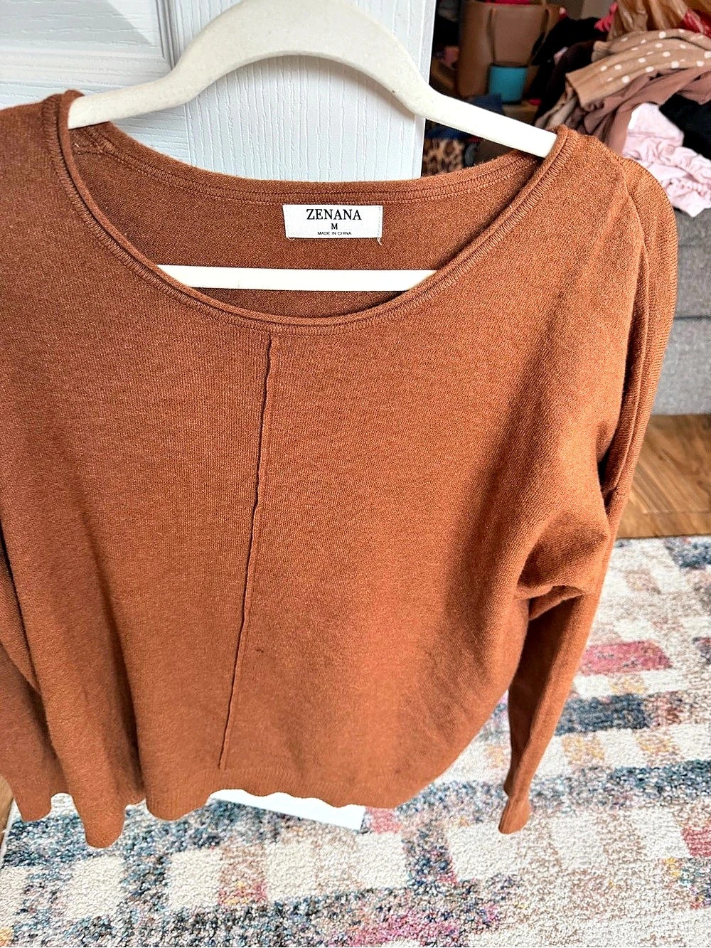 Zenana Center Seam Long Sleeve Knit Pullover Sweater Brown Medium